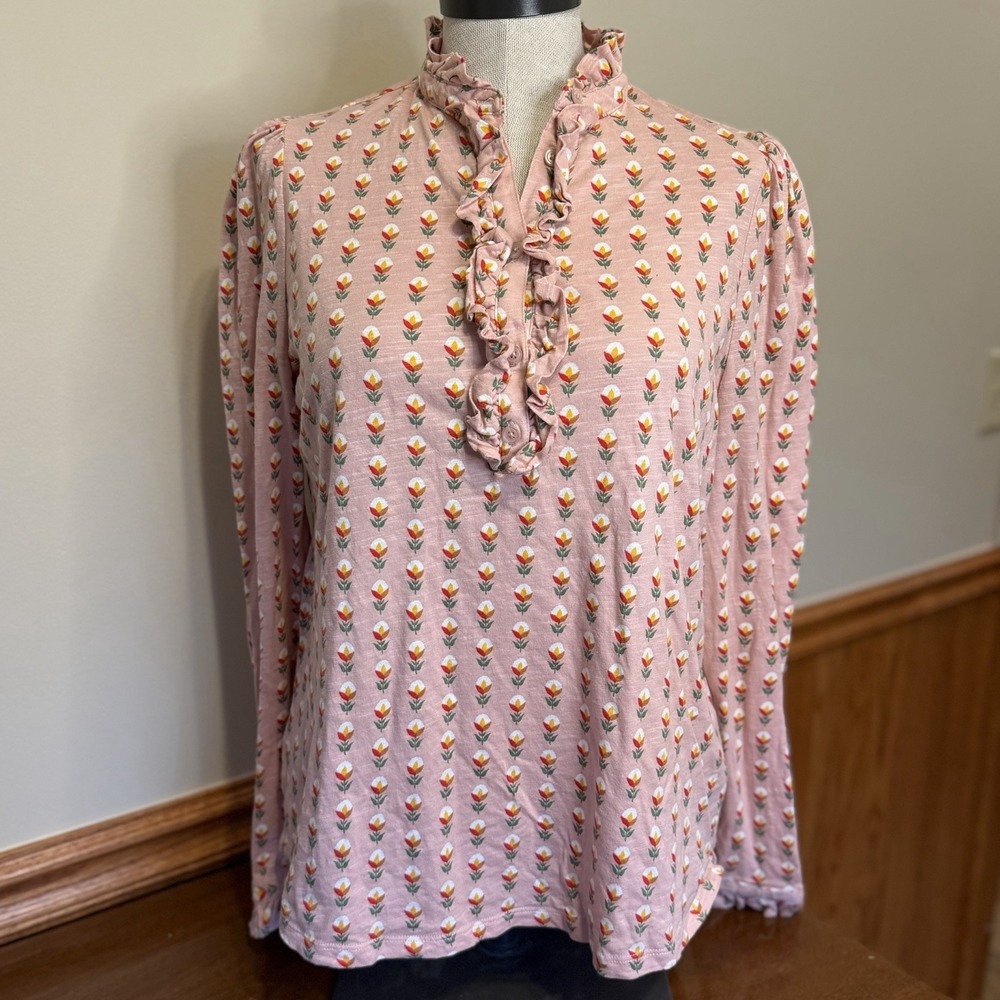 Boden Women Button Down Blouse Top Pink  Tulip Print Ruffle Cotton Sz 10 Cottage